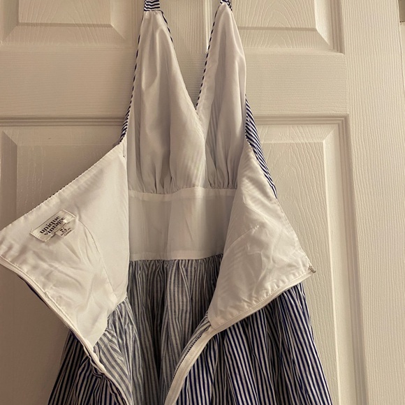 Unique Vintage Blue and White Striped Halter Dress with Embroidered Eyelet Trim - Picture 7 of 13